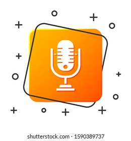 White Microphone icon isolated on white background. On air radio mic microphone. Speaker sign. Orange square button. Vector Illustration