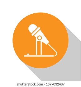 White Microphone icon isolated on white background. On air radio mic microphone. Speaker sign. Orange circle button. Vector Illustration
