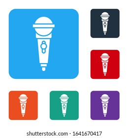 White Microphone icon isolated on white background. On air radio mic microphone. Speaker sign. Set icons in color square buttons. Vector Illustration