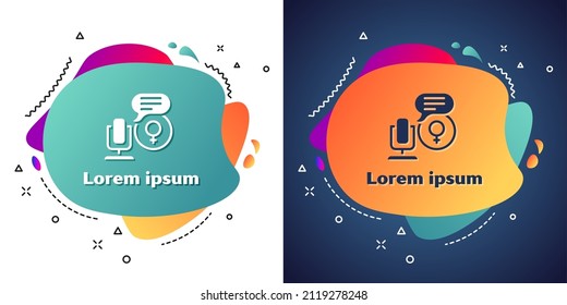 White Microphone icon isolated on white and blue background. On air radio mic microphone. Speaker sign. Abstract banner with liquid shapes. Vector