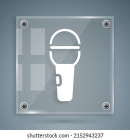 White Microphone icon isolated on grey background. On air radio mic microphone. Speaker sign. Square glass panels. Vector