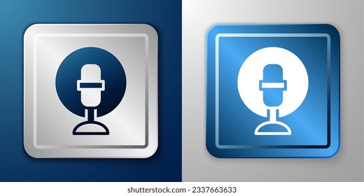 White Microphone icon isolated on blue and grey background. On air radio mic microphone. Speaker sign. Silver and blue square button. Vector