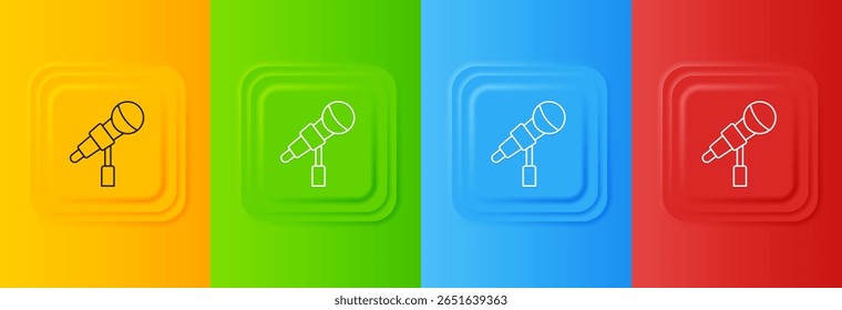 Ícone de microfone branco isolado no fundo colorido. No microfone do microfone do rádio do ar. Sinal do alto-falante. Defina ícones em botões quadrados. Vetor