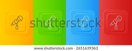 White Microphone icon isolated on colorful background. On air radio mic microphone. Speaker sign. Set icons in square buttons. Vector