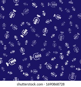 White Microphone icon isolated seamless pattern on blue background. On air radio mic microphone. Speaker sign.  Vector Illustration