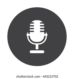 White Microphone icon on black button isolated on white