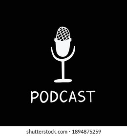 Weißes Mikrofon einzeln auf schwarzem Hintergrund. Audio Podcast Cartoon handgezeichnet Illustration.  Elektronisches Headset-Sprachgeräusch. Aufnahme im Studio. Sprachkaraoke-Symbol. Musikalische Funkausrüstung. 