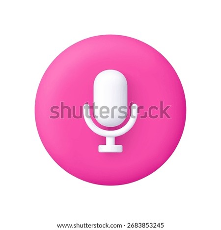 White microphone on a pink circle button. Broadcasts, interviews, podcast, voice recording, music and audio app concept. 3d vector icon. Cartoon minimal style.