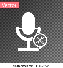 White Microphone with screwdriver and wrench icon isolated on transparent background. Adjusting, service, setting, maintenance, repair, fixing.  Vector Illustration