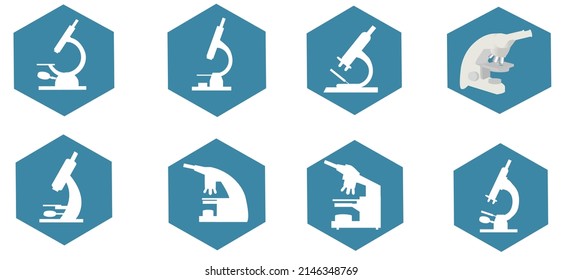 Weißes Mikroskop-Flachset-Symbol auf blauem sechseckigen Hintergrund. Vektorgrafik von Laborgeräten auf weißem Hintergrund. Vektorset von Silhouettensymbolen mit Mikroskop.