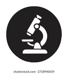 White Microscope Icon in Black Circle. Scientific Research, Laboratory, and Biology Symbol.