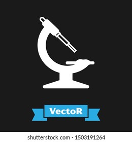 White Microscope icon isolated on black background. Chemistry, pharmaceutical instrument, microbiology magnifying tool.  Vector Illustration