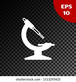 White Microscope icon isolated on transparent dark background. Chemistry, pharmaceutical instrument, microbiology magnifying tool.  Vector Illustration