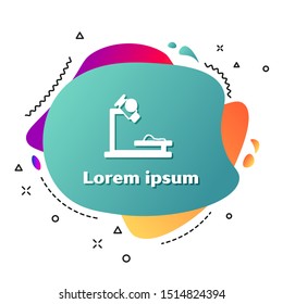 White Microscope icon isolated on white background. Chemistry, pharmaceutical instrument, microbiology magnifying tool. Abstract banner with liquid shapes. Vector Illustration