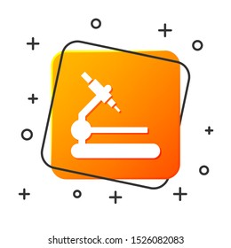 White Microscope icon isolated on white background. Chemistry, pharmaceutical instrument, microbiology magnifying tool. Orange square button. Vector Illustration