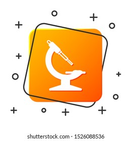 White Microscope icon isolated on white background. Chemistry, pharmaceutical instrument, microbiology magnifying tool. Orange square button. Vector Illustration