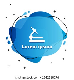 White Microscope icon isolated on white background. Chemistry, pharmaceutical instrument, microbiology magnifying tool. Abstract banner with liquid shapes. Vector Illustration