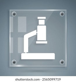 White Microscope icon isolated on grey background. Chemistry, pharmaceutical instrument, microbiology magnifying tool. Square glass panels. Vector