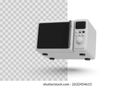 Forno de micro-ondas branco com botões de controle e alça, perspectiva flutuante. Perfeito para interface de usuário de cozinha inteligente, publicidade de equipamentos ou interfaces da Web. Ilustração vetorial detalhada com toque moderno.