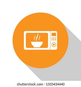 White Microwave oven icon isolated on white background. Home appliances icon.Orange circle button. Flat design. Vector Illustration