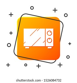 White Microwave oven icon isolated on white background. Home appliances icon. Orange square button. Vector Illustration