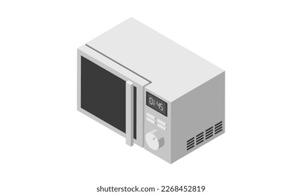 White microwave vector illustration in insometric style with closed door. Household appliance for food cooking, defrosting and heating. Front view isolated background.