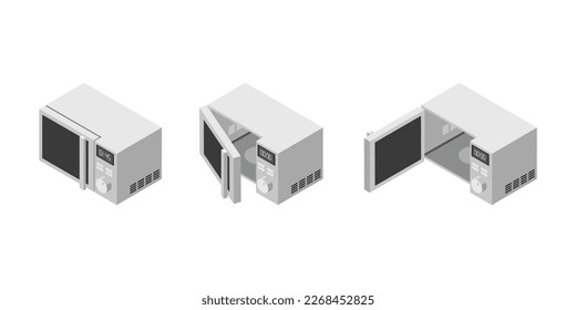 White microwave vector illustration set in insometric style. Microwave oven with opened and closed door. Modern household appliance to cook, defrost and heat food. Front view isolated background.