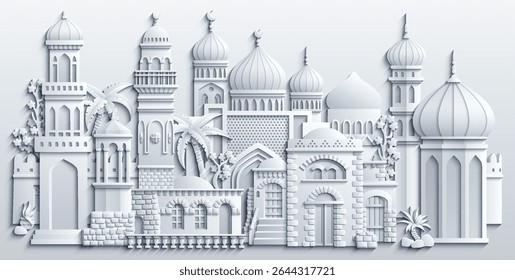 White Middle Eastern cityscape in paper cut style, featuring traditional houses, towers, domes, palm trees, and decorative elements. Vector illustration. Not AI