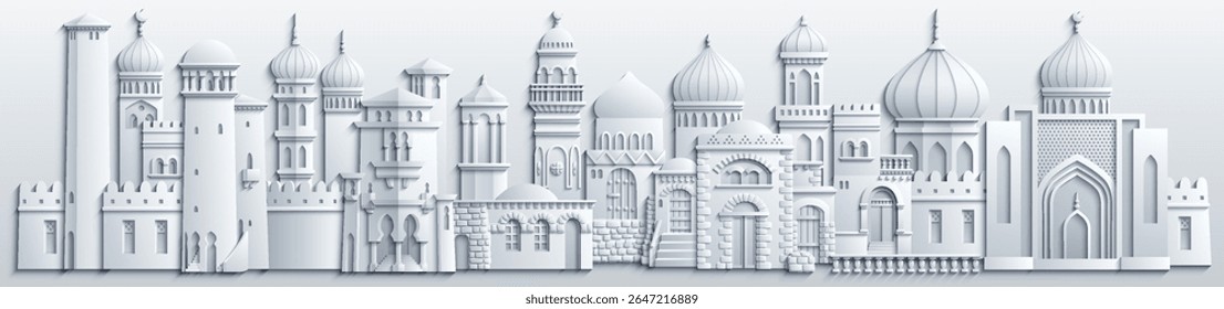 White Middle Eastern cityscape in paper cut style, featuring traditional houses, towers, domes, palm trees, and decorative elements. Vector illustration. Not AI