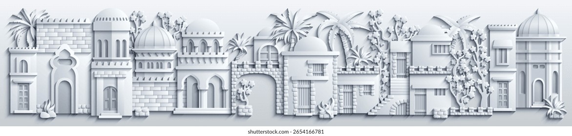Paisaje urbano blanco de Oriente Medio en estilo de corte de papel, con casas tradicionales, torres, cúpulas, palmeras y Elementos decorativos. Ilustración vectorial. No es IA