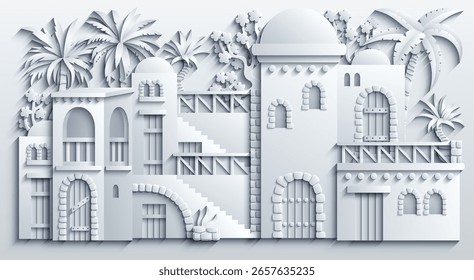 White Middle Eastern cityscape in paper cut style, featuring traditional houses, towers, domes, palm trees, and decorative elements. Vector illustration. Not AI