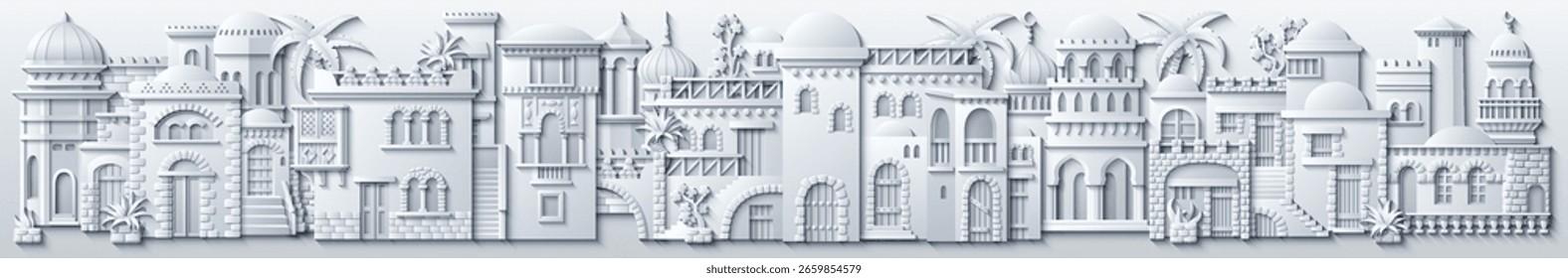 White Middle Eastern cityscape in paper cut style, featuring traditional houses, towers, domes, palm trees, and decorative elements. Vector illustration. Not AI