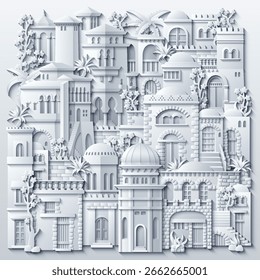 White Middle Eastern cityscape in paper cut style, featuring traditional houses, towers, domes, palm trees, and decorative elements. Vector illustration. Not AI