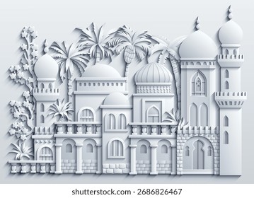 Paisaje urbano blanco de Oriente Medio en estilo de corte de papel, con casas tradicionales, torres, cúpulas, palmeras y Elementos decorativos. Ilustración vectorial. No es IA