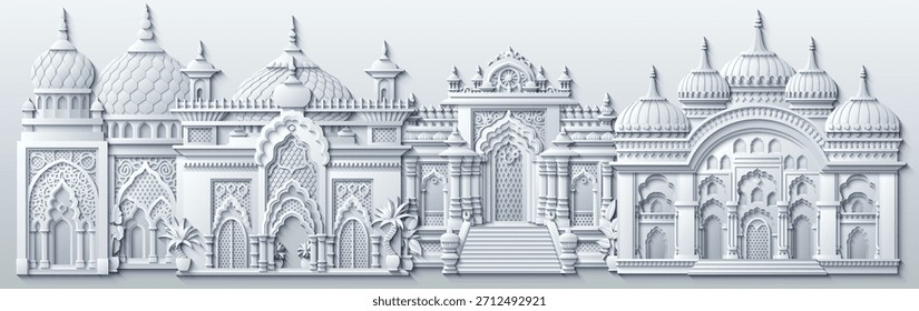 Paisaje urbano blanco de Oriente Medio en estilo de corte de papel, con casas tradicionales, torres, cúpulas, palmeras y Elementos decorativos. Ilustración vectorial. No es IA