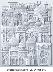 White Middle Eastern cityscape in paper cut style, featuring traditional houses, towers, domes, palm trees, and decorative elements. Vector illustration. Not AI