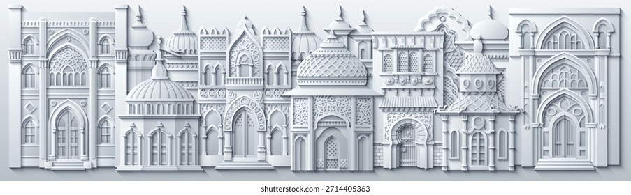 Paisaje urbano blanco de Oriente Medio en estilo de corte de papel, con casas tradicionales, torres, cúpulas, palmeras y Elementos decorativos. Ilustración vectorial. No es IA