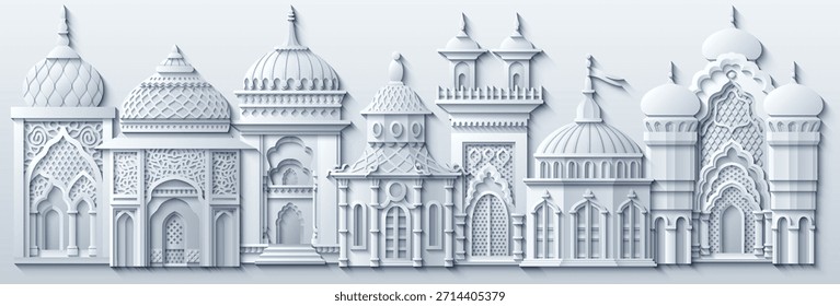 Paisaje urbano blanco de Oriente Medio en estilo de corte de papel, con casas tradicionales, torres, cúpulas, palmeras y Elementos decorativos. Ilustración vectorial. No es IA
