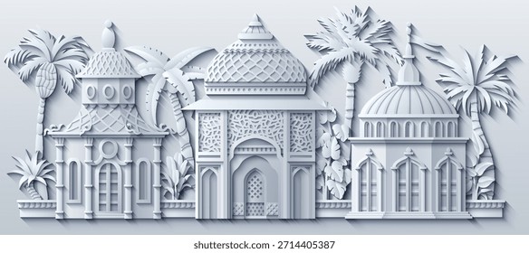 Paisaje urbano blanco de Oriente Medio en estilo de corte de papel, con casas tradicionales, torres, cúpulas, palmeras y Elementos decorativos. Ilustración vectorial. No es IA