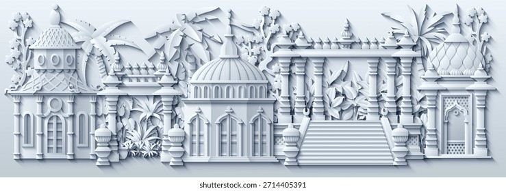 Paisaje urbano blanco de Oriente Medio en estilo de corte de papel, con casas tradicionales, torres, cúpulas, palmeras y Elementos decorativos. Ilustración vectorial. No es IA