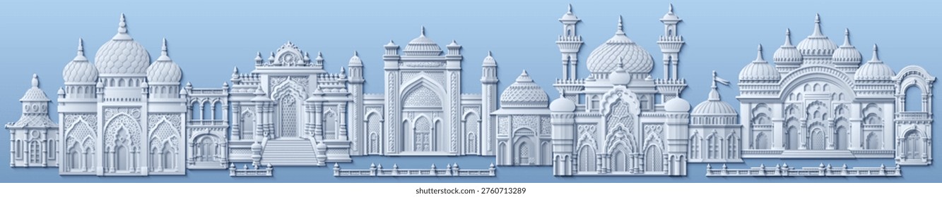 White Middle Eastern cityscape in paper cut style, featuring traditional houses, towers, domes, palm trees, and decorative elements. Vector illustration. Not AI