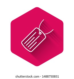 White Military dog tag icon isolated with long shadow. Identity tag icon. Army sign. Pink hexagon button. Vector Illustration