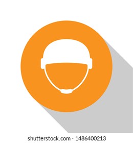 White Military helmet icon isolated on white background. Army hat symbol of defense and protect. Protective hat. Orange circle button. Vector Illustration