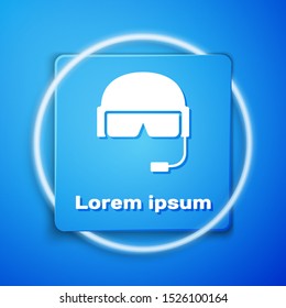 White Military helmet icon isolated on blue background. Army hat symbol of defense and protect. Protective hat. Blue square button. Vector Illustration