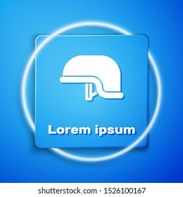 White Military helmet icon isolated on blue background. Army hat symbol of defense and protect. Protective hat. Blue square button. Vector Illustration