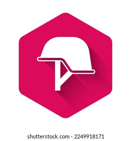 White Military helmet icon isolated with long shadow background. Army hat symbol of defense and protect. Protective hat. Pink hexagon button. Vector