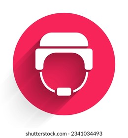 White Military helmet icon isolated with long shadow. Army hat symbol of defense and protect. Protective hat. Red circle button. Vector