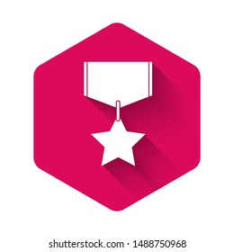 White Military reward medal icon isolated with long shadow. Army sign. Pink hexagon button. Vector Illustration