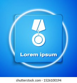 White Military reward medal icon isolated on blue background. Army sign. Blue square button. Vector Illustration