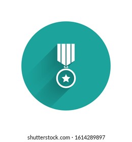 White Military reward medal icon isolated with long shadow. Army sign. Green circle button. Vector Illustration